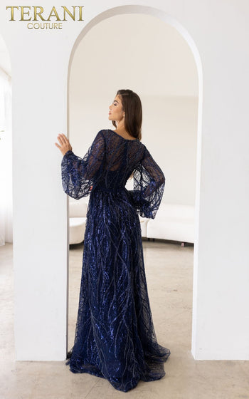 Terani Couture 241m2739 Long Sleeves A Line V Neck Lace On Tulle Evening Dress