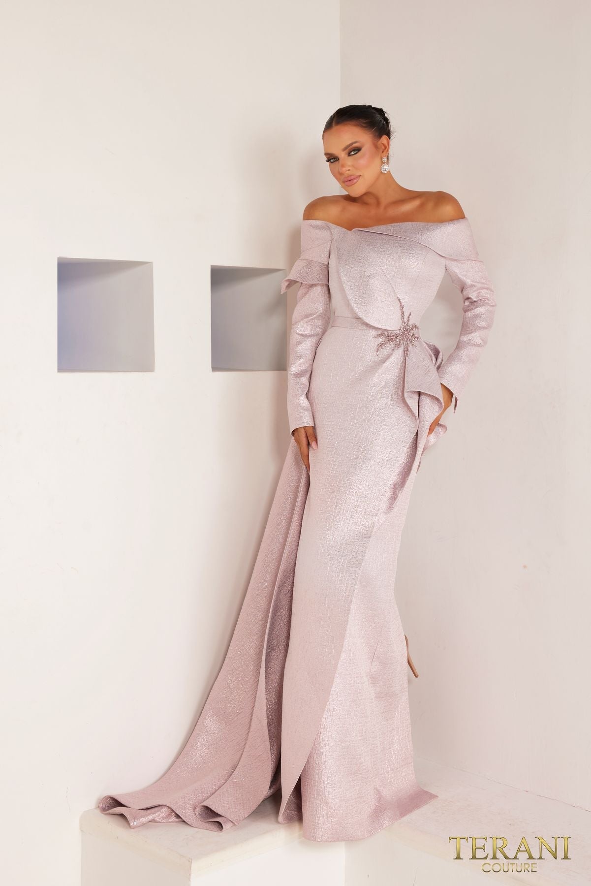 luxury mother of the bride dresses Mother of the Bride Wedding Off-Shoulder Long Jacquard Dress 241M2743 by Terani Couture