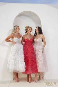 Terani Couture 241P2022 Tea Length A-Line Feather Prom Dress