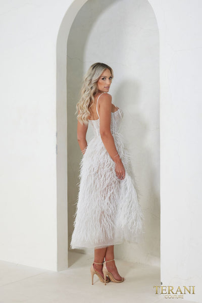 Terani Couture 241P2022 Tea Length A-Line Feather Prom Dress
