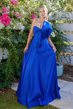 Terani Couture 241P2067 Evening One-Shoulder A-Line BallDress Formal Matte Satin Dress