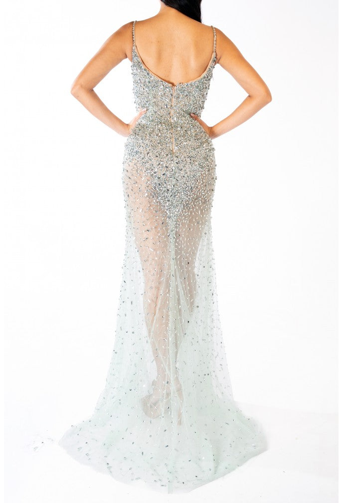 Terani Couture 241p2071 Vestido de fiesta largo de tul, ajustado, sin mangas y con escote pronunciado