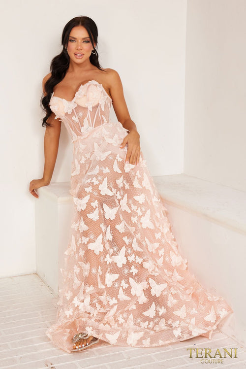 Terani Couture 241P2086 Elegant Prom Strapless A-Line Long Blush Evening Tulle Dress