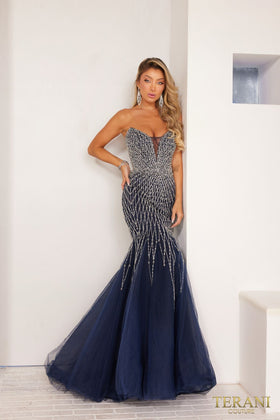 Terani Couture 241P2132 Prom Strapless Sweetheart Mermaid Evening Beaded Tulle Dress
