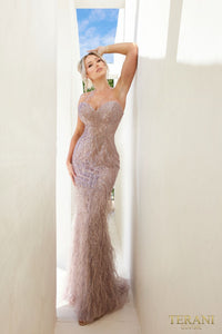 Terani Couture 241P2218 Feathered Long Bodycon Prom Gown