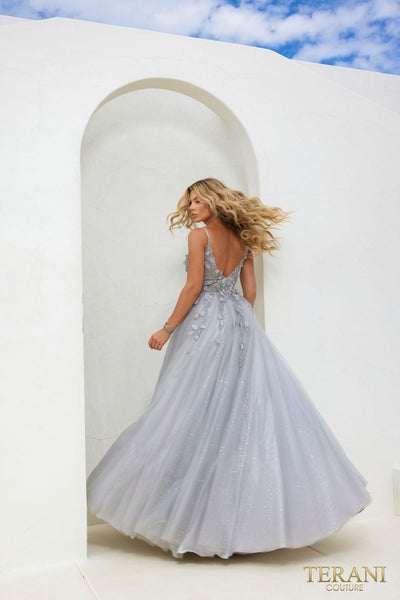 Terani Couture 241P2281 Formal A-Line Spaghetti Strap Long Silver Evening Tulle Dress