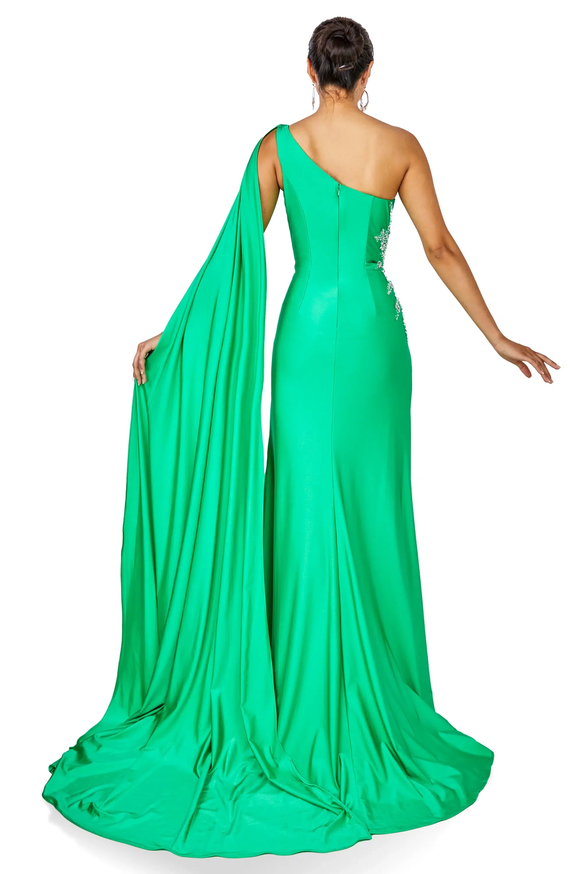 Vestido de fiesta largo azul océano sin mangas, asimétrico y ajustado Terani Couture 241p2295