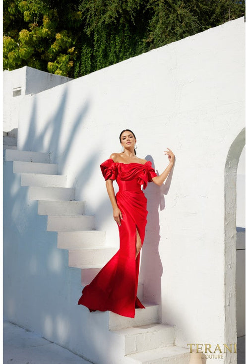 Terani Couture 241E2413 Evening Off-Shoulder Embroidered Formal Stretch Mikado Dress