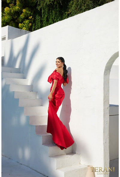 Terani Couture 241E2413 Evening Off-Shoulder Embroidered Formal Stretch Mikado Dress