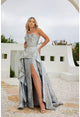 Terani Couture 241e2487 A Line Strapless Jacquard Silver Column Evening Dress
