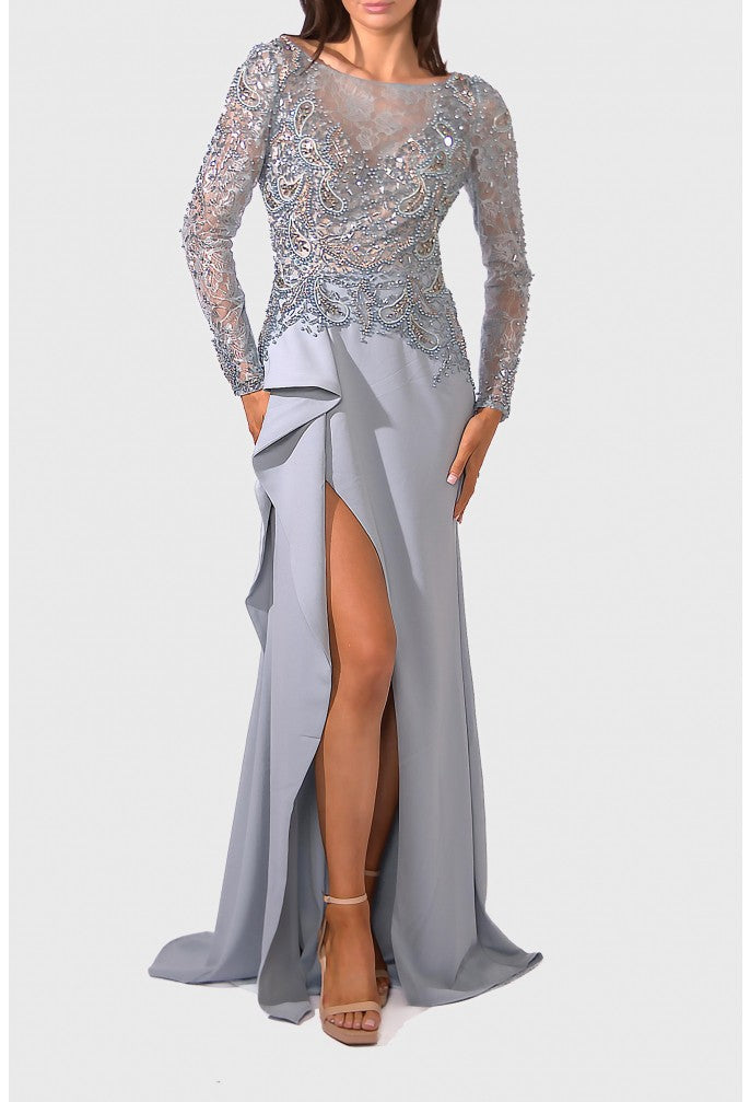 Vestido de noche azul empolvado de crepé elástico con mangas largas Terani Couture 241m2730