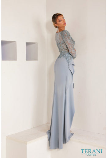Terani Couture 241m2730 Long Sleeves Stretch Crepe Powder Blue Sheath Evening Dress