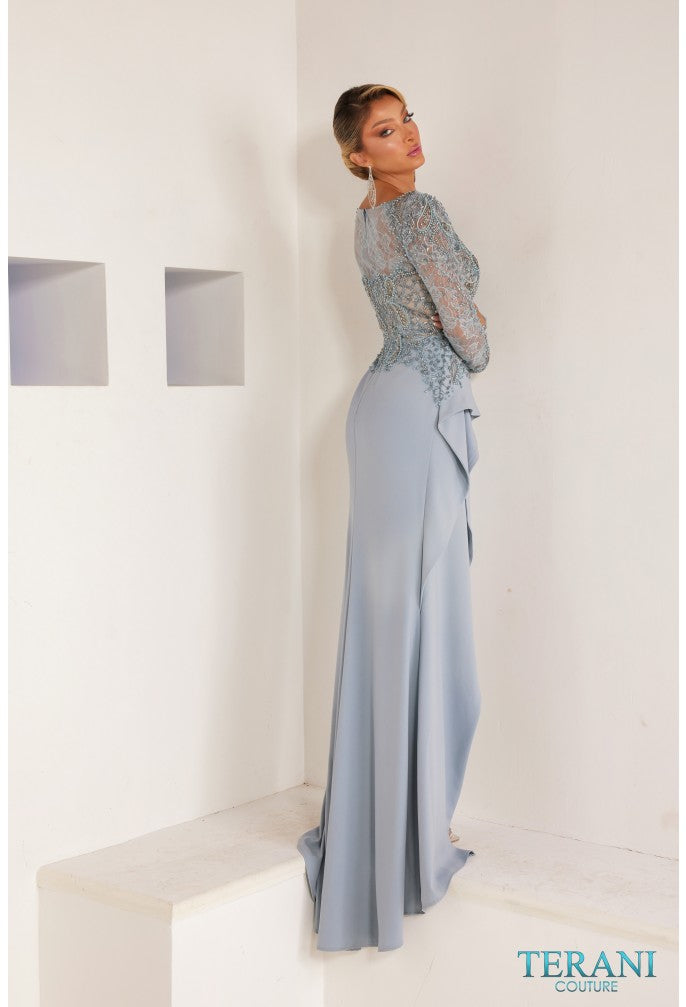 Vestido de noche azul empolvado de crepé elástico con mangas largas Terani Couture 241m2730