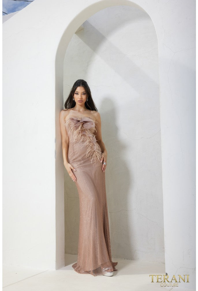 Terani Couture 241p2125 Vestido de fiesta largo, ajustado, sin tirantes, color piel 