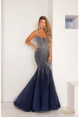 Terani Couture 241p2132 Sleeveless Mermaid Beaded Tulle Navy Long Prom Dress