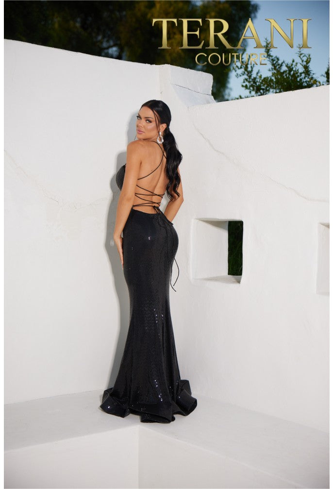 Terani Couture 241p2135 Vestido de fiesta largo con lentejuelas, sin mangas y ajustado con escote espagueti