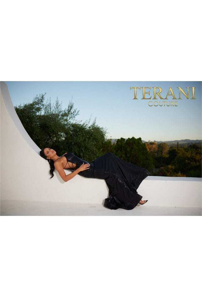 Terani Couture 241p2135 Vestido de fiesta largo con lentejuelas, sin mangas y ajustado con escote espagueti