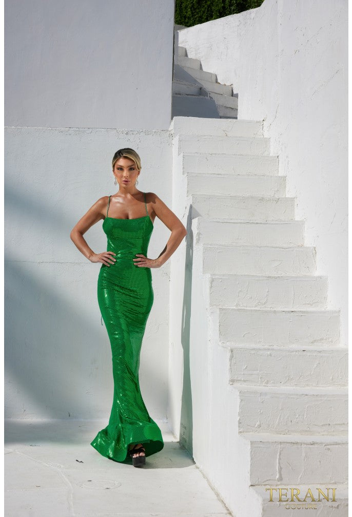 Terani Couture 241p2135 Vestido de fiesta largo con lentejuelas, sin mangas y ajustado con escote espagueti