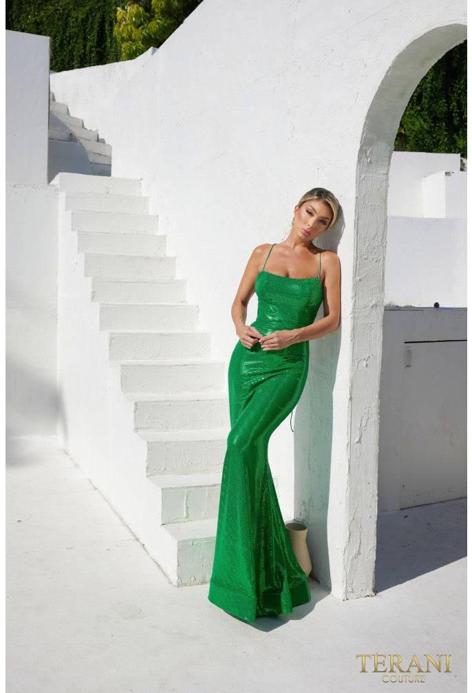 Terani Couture 241p2135 Vestido de fiesta largo con lentejuelas, sin mangas y ajustado con escote espagueti