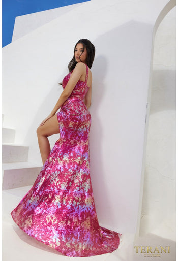 Terani Couture 241P2269 Floral Printed Long Slit Prom Gown