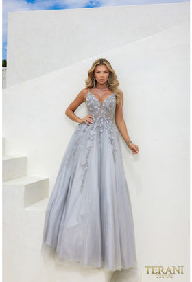 Terani Couture 241P2281 Formal A-Line Spaghetti Strap Long Silver Evening Tulle Dress