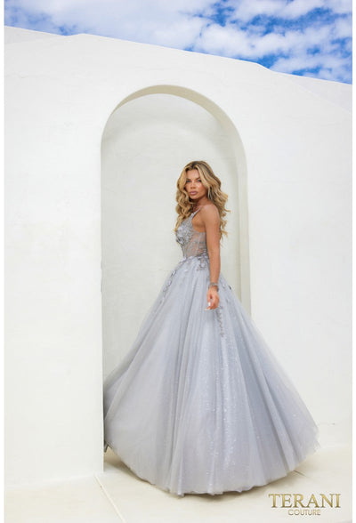 Terani Couture 241P2281 Formal A-Line Spaghetti Strap Long Silver Evening Tulle Dress