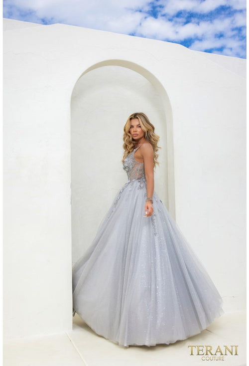 Terani Couture 241P2281 Formal A-Line Spaghetti Strap Long Silver Evening Tulle Dress
