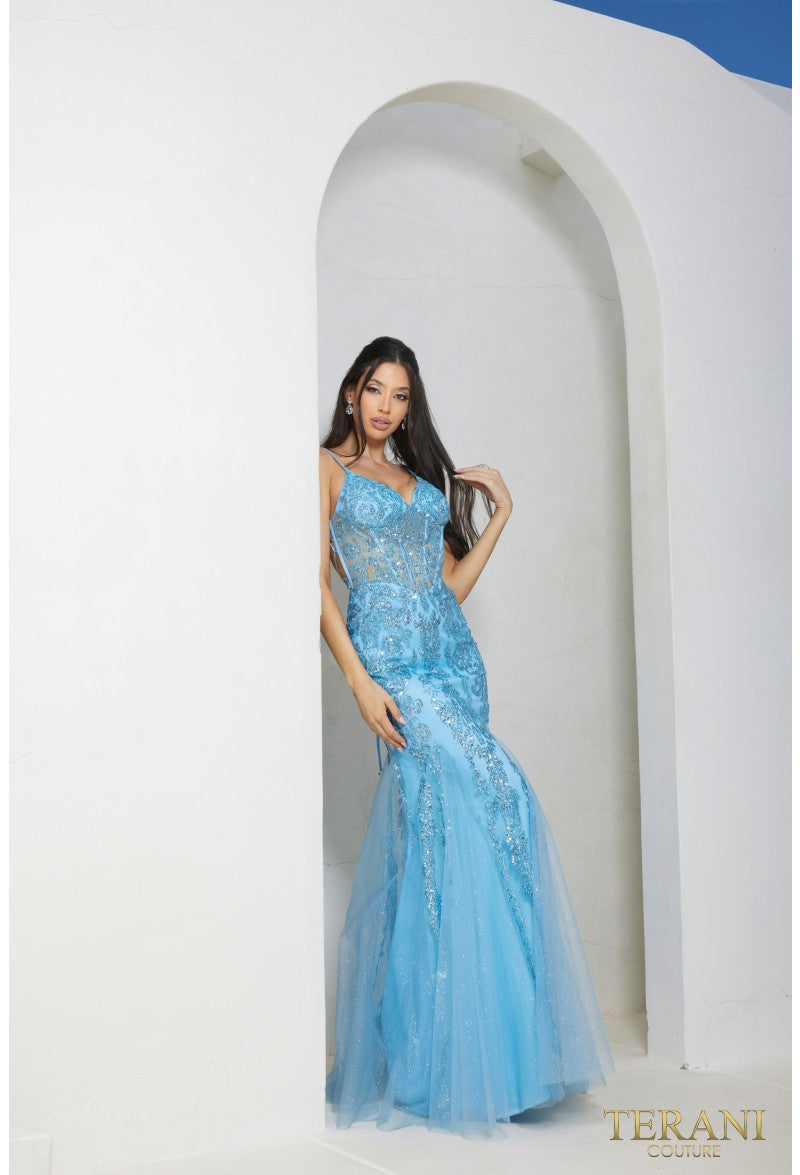 Vestido largo de fiesta formal con cuentas Terani Couture 241P2294