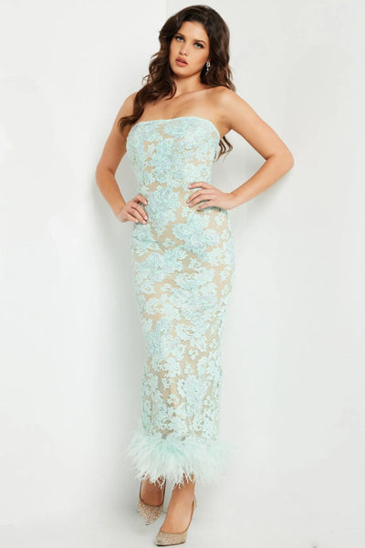 Strapless Floral Lace with Feather Hem Illusion & Sheer Tulle Wrap by Jovani 24256