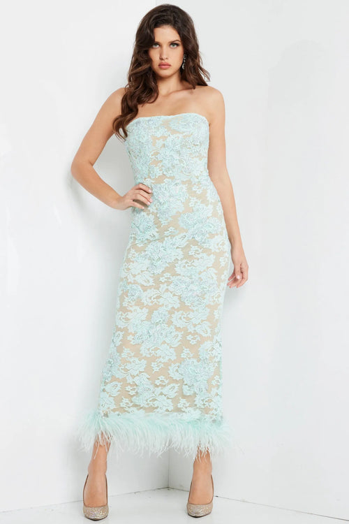 Strapless Floral Lace with Feather Hem Illusion & Sheer Tulle Wrap by Jovani 24256