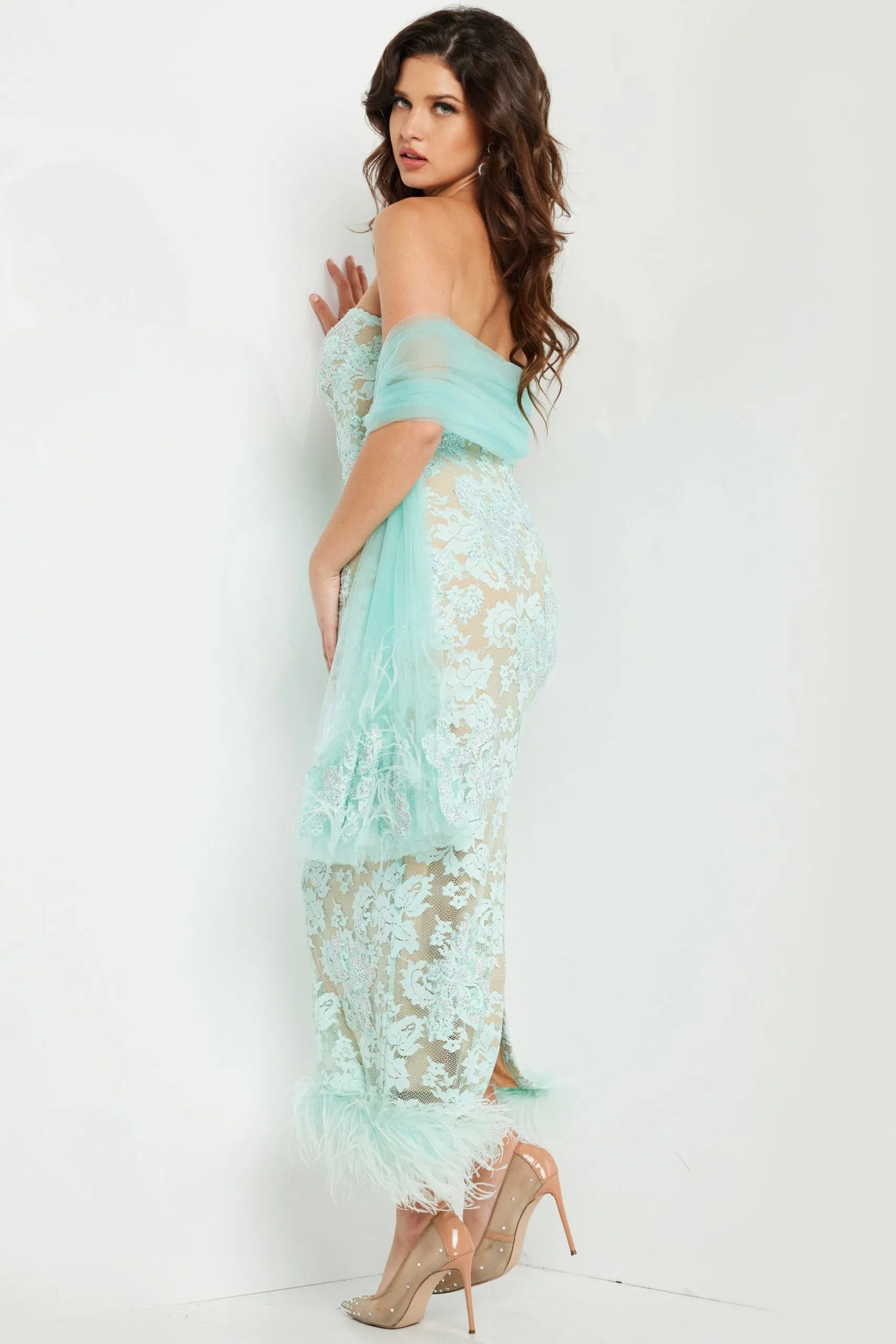 Strapless Floral Lace with Feather Hem Illusion & Sheer Tulle Wrap by Jovani 24256