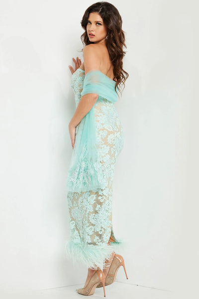 Strapless Floral Lace with Feather Hem Illusion & Sheer Tulle Wrap by Jovani 24256