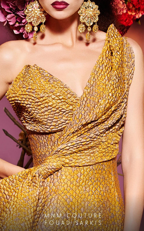 Fouad Sarkis 2425 Asymmetric Sweetheart Mermaid Gown in Mustard