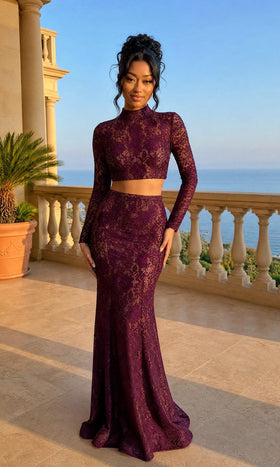 La Femme 24272 Floor-Length Long-Sleeve Two-Piece Lace Prom Dress with Cutouts