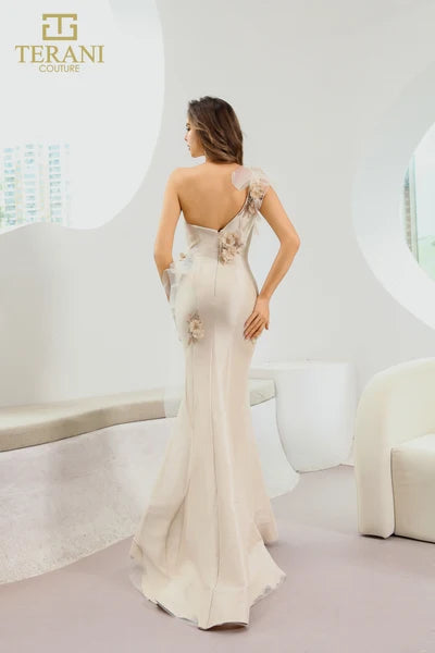 Clearance Terani Couture 242E3114 Champagne Size 8 One-Shoulder Floral Appliqué Evening Gown
