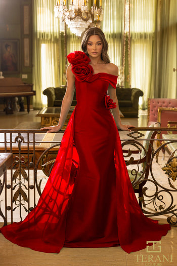 Vestido asimétrico con hombros descubiertos en mikado elástico Terani Couture 242m3342