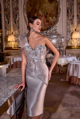 Terani Couture 242C3039 Cocktail Prom One-Shoulder Short Taupe Formal Metallic Dress