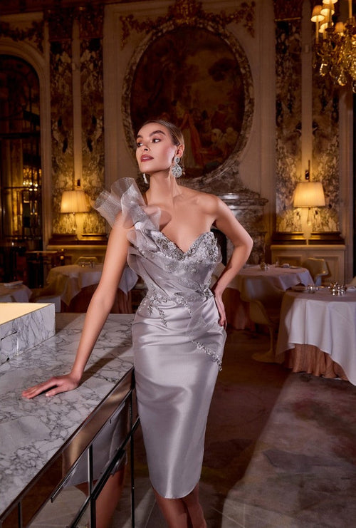 Terani Couture 242C3039 Cocktail Prom One-Shoulder Short Taupe Formal Metallic Dress