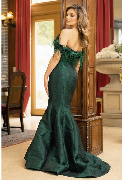 Terani Couture 242E3160 Formal Prom Off-Shoulder Trumpet Long Evening Jacquard Dress