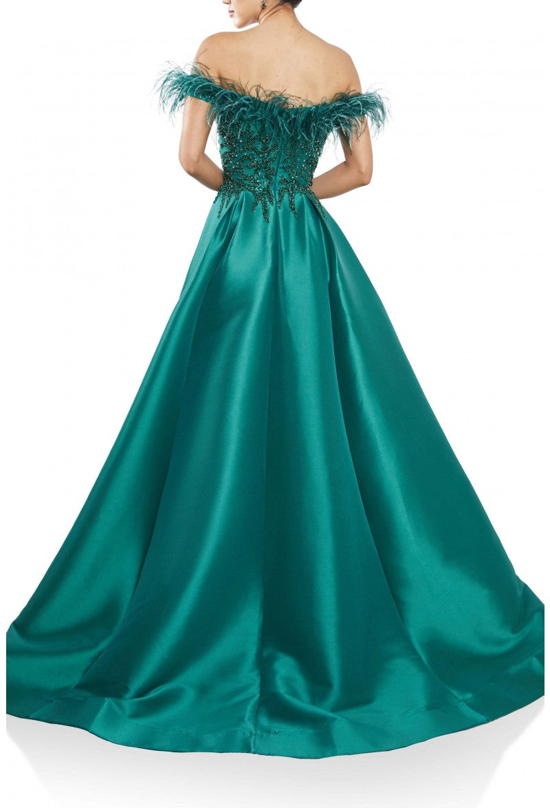 Terani Couture 242M3357 Off Shoulder Feather Embellished Long Prom Gown