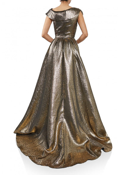 Terani Couture 242M3373 Sophisticated Formal V-Neck Off-Shoulder Long Metallic Dress