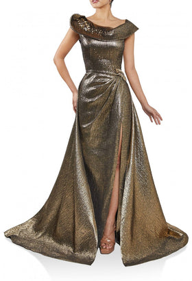 Terani Couture 242M3373 Sophisticated Formal V-Neck Off-Shoulder Long Metallic Dress