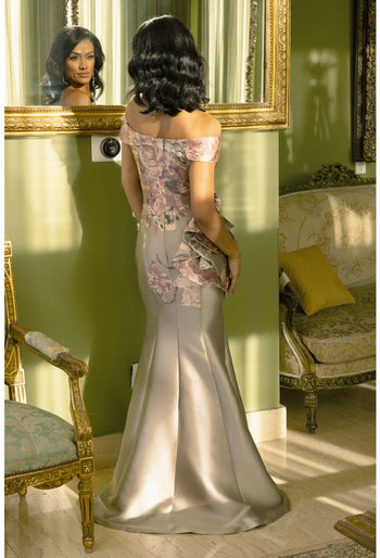 Terani Couture 242M3381 Printed Off-Shoulder Long Formal Prom Evening Gown