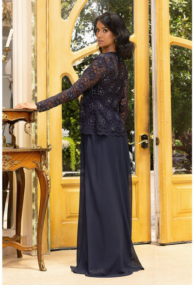 Terani Couture 242M3410 Evening Prom Scoop Neck Long Sleeve Formal Navy Chiffon Dress