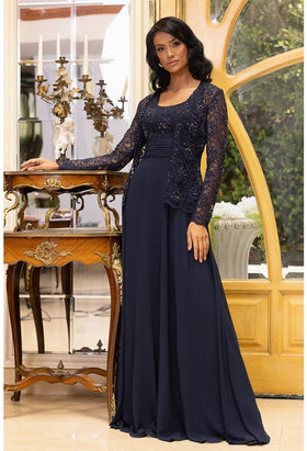 Terani Couture 242M3410 Evening Prom Scoop Neck Long Sleeve Formal Navy Chiffon Dress