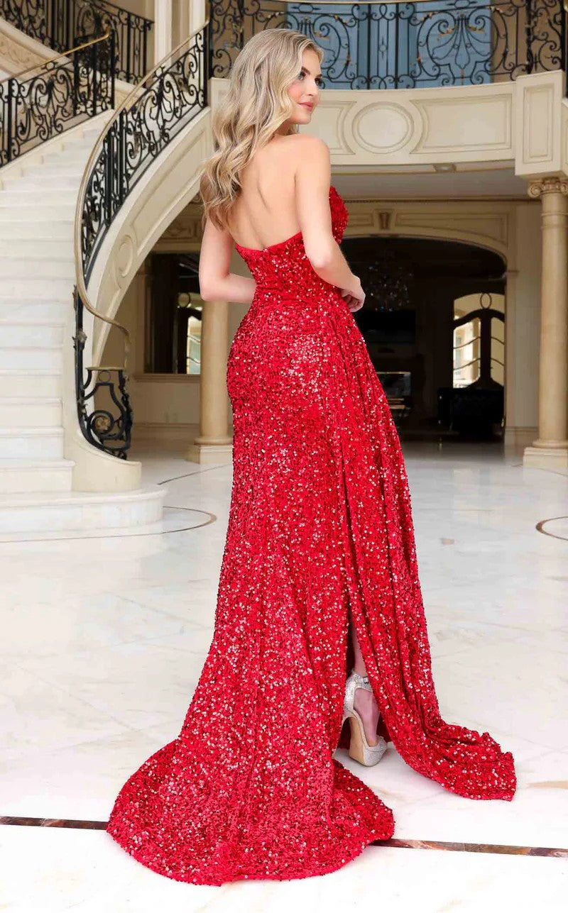 Jessica Angel JA2436 Strapless Fitted Low Back Draped Velvet Sequin Dress