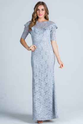 Half Sleeve Ruffled Sequin Lace Mermaid Evening Gown by LA Scala 24483