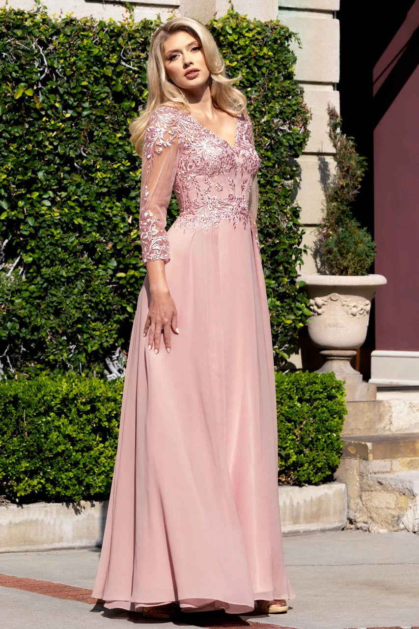 3/4 Sleeves V-Neck Mother of the Bride Dress with Embroidered Lace Appliqué Bodice by Lenovia 8436