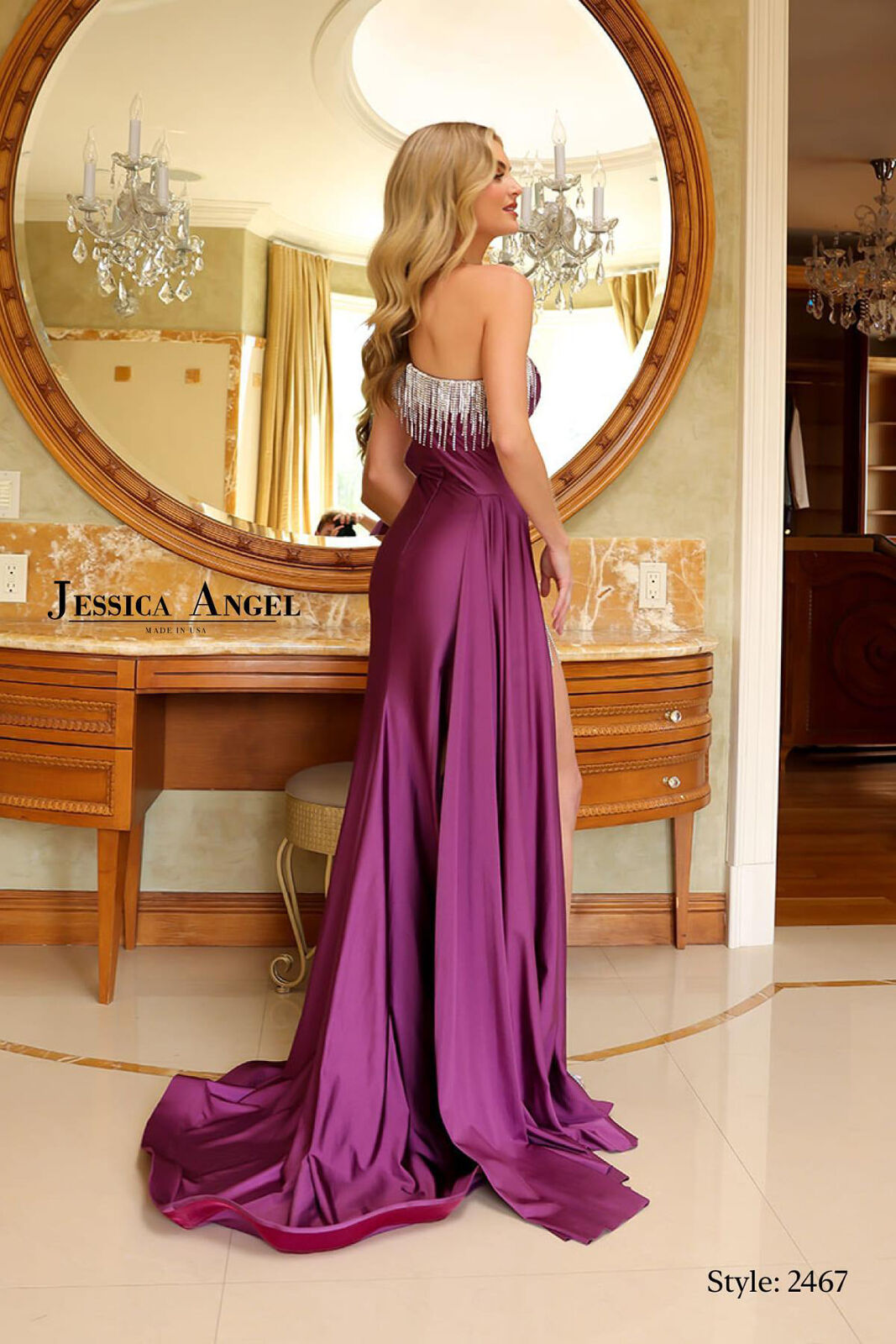 Jessica Angel JA2467 One-Shoulder Ruched Court Train Slit Beaded Jersey Dress