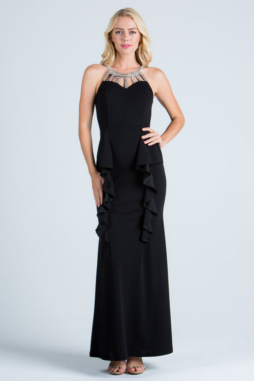 Sleeveless Embellished Neck Crepe Evening Gown with Cascading Ruffles by LA Scala 24777